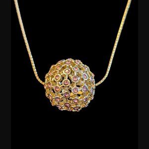 RJ Graziano Gold Tone Open Pattern Pink Crystal Ball Necklace